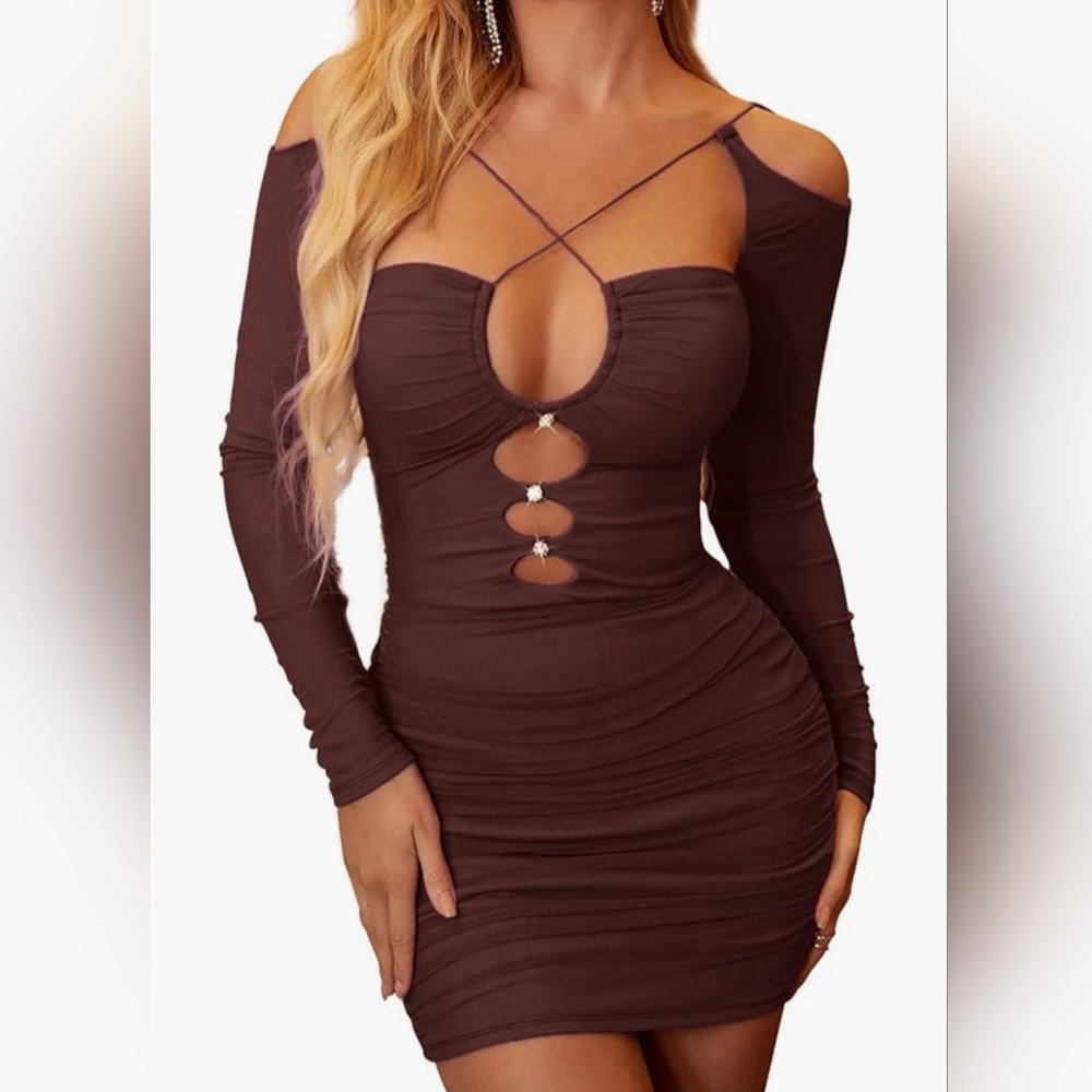 Colysmo Brand Brown Long Sleeve Ruched Mini Dress Size Small NWT